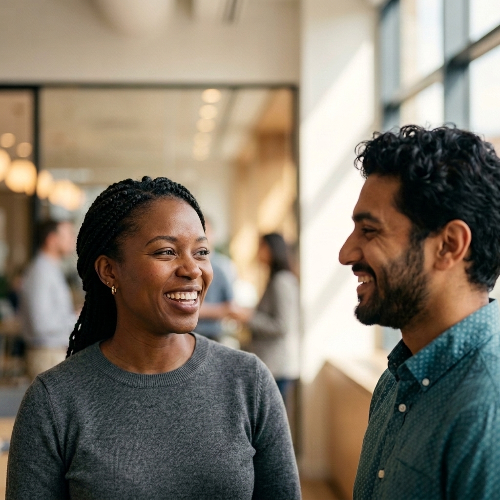 Colleagues laughing together in an office lobby