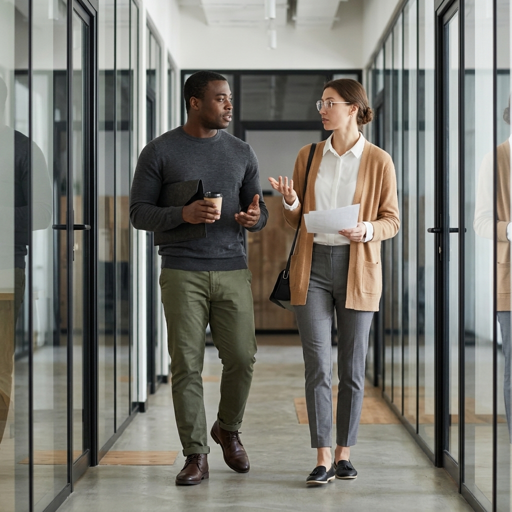 Colleagues walking together down an office corridor
