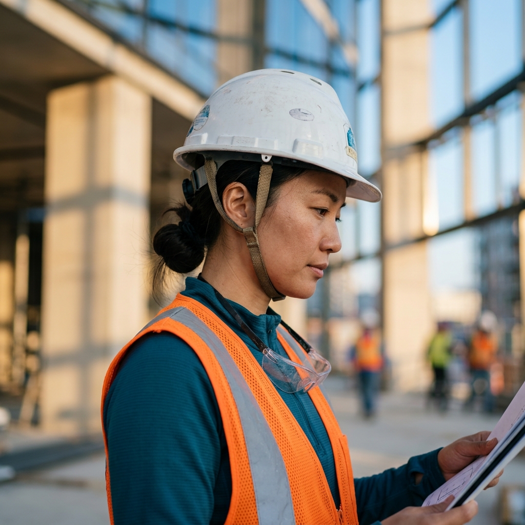 female construction worker reviewing plans