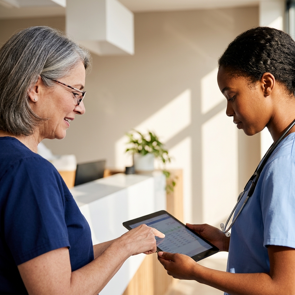 healthcare workers reviewing tablet