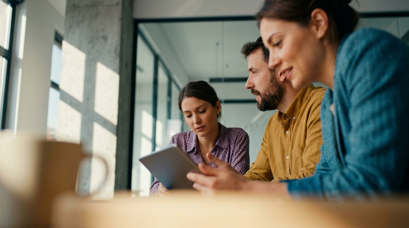 A team reviewing a tablet in a bright office