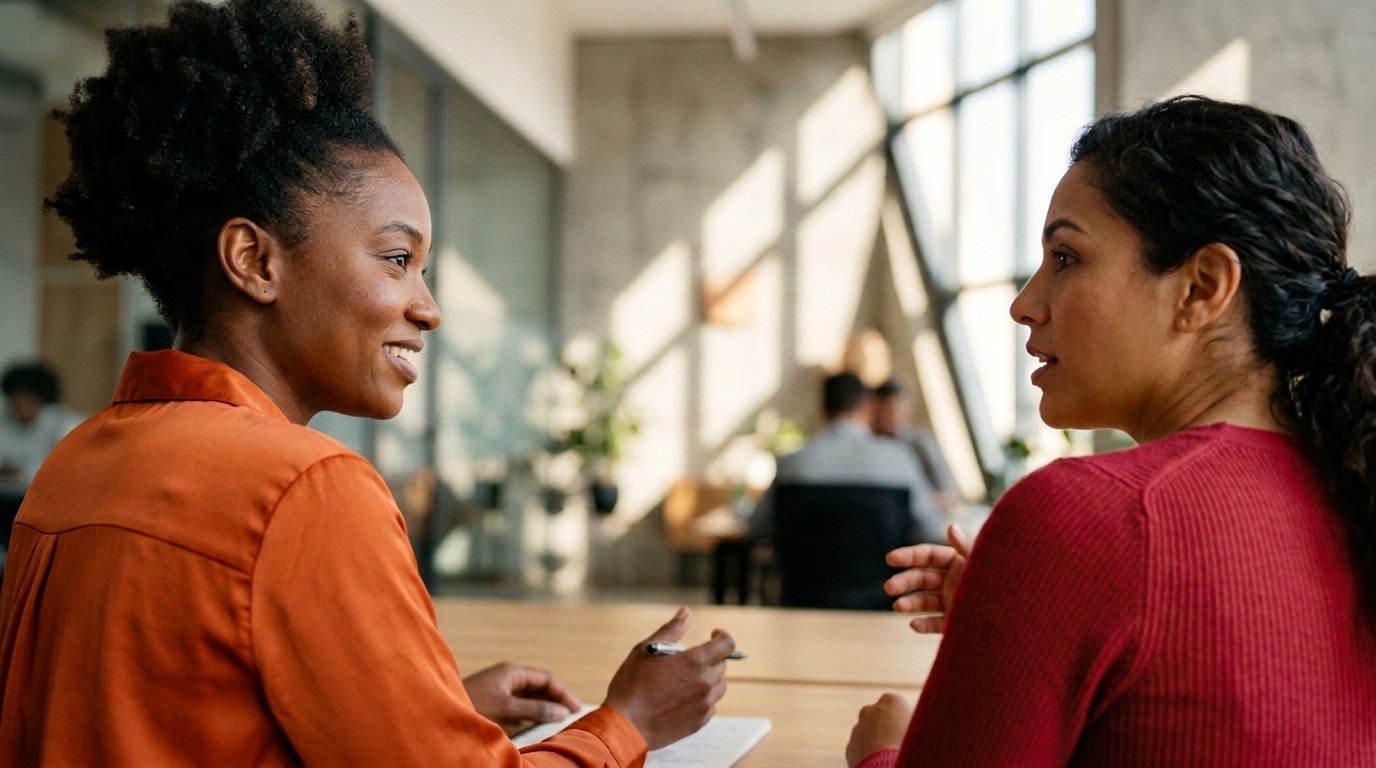 two women conversation office