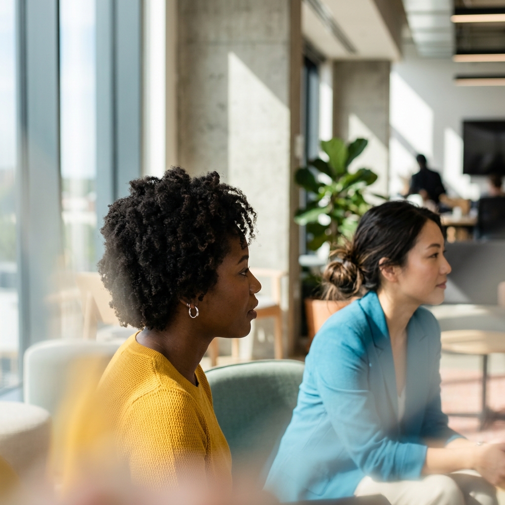 Colleagues listening together in an office lounge