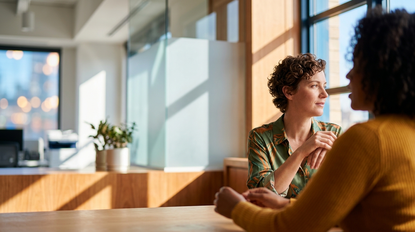 Two colleagues in a supportive conversation by an office window